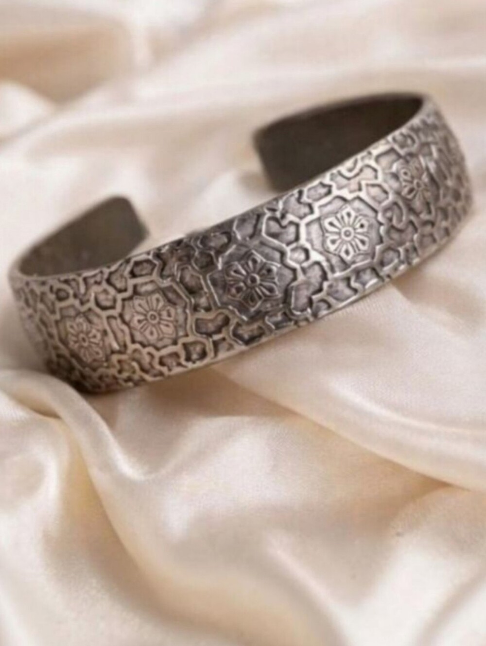Tibetan Geometric Honeycomb Flower Cuff Bracelet | Boho Ethnic Silver Tone